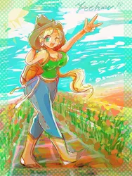 Size: 600x800 | Tagged: safe, artist:osawari64, derpibooru import, applejack, equestria girls, applejack's hat, backpack, boots, breasts, busty applejack, clothes, cowboy hat, farm, flower, hat, jeans, looking at you, one eye closed, pants, peace sign, shoes, tanktop, wink