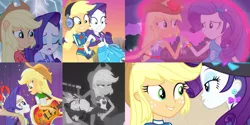 Size: 3643x1816 | Tagged: safe, derpibooru import, screencap, applejack, rarity, equestria girls, equestria girls (movie), equestria girls series, legend of everfree, lost and found, rainbow rocks, rarity investigates: the case of the bedazzled boot, applejack is not amused, bass guitar, camp fashion show outfit, catching, clothes, comparison, continuity, cropped, cute, drama queen, duo, fall formal outfits, geode of shielding, geode of super strength, glow, grayscale, hat, headphones, jackabetes, magical geodes, magnet, marshmelodrama, monochrome, musical instrument, out of context, ponied up, raribetes, rarity being rarity, rarity investigates (eqg): applejack, shipping fuel, sparkles, swimsuit, unamused