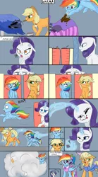 Size: 1280x2297 | Tagged: safe, artist:poowndraww, derpibooru import, applejack, rainbow dash, rarity, earth pony, pegasus, pony, unicorn, ..., angry, applejack also dresses in style, applejack's hat, ball of violence, clothes, comic, cowboy hat, dress, female, fire, flame eyes, forced makeover, hat, magic, makeover, mare, payback, prank, rainbow dash always dresses in style, revenge, tomboy taming, white eyes, wingding eyes