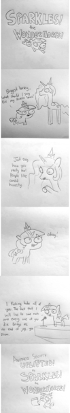 Size: 1484x8624 | Tagged: safe, artist:tjpones, derpibooru import, princess celestia, twilight sparkle, twilight sparkle (alicorn), alicorn, pony, sparkles! the wonder horse!, black and white, comic, dark comedy, dialogue, female, flying, grayscale, immortality is awesome, jewelry, magic, mare, microphone, misanthropy, monochrome, raised hoof, regalia, scroll, simple background, speech, talking, telekinesis, text, traditional art, twibitch sparkle, vulgar