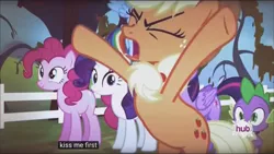 Size: 1920x1080 | Tagged: alicorn, applejack, bats!, caption, derpibooru import, edit, edited screencap, hub logo, kiss me, meme, pinkie pie, quality, rainbow dash, rarity, safe, screencap, spike, twilight sparkle, twilight sparkle (alicorn), youtube caption