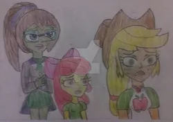 Size: 1024x721 | Tagged: safe, artist:tobiisabunny, derpibooru import, apple bloom, applejack, oc, oc:bitter rot, human, equestria girls, coco(movie), denial, horror, humanized, killer revealed, monochrome, murder, murderer, shocked, shocked expression, traditional art, watermark