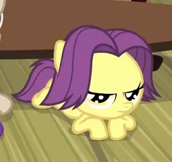 Size: 389x366 | Tagged: 5-year-old, annoyed, banana peel (character), birthday, bored, derpibooru import, female, filly, foal, for whom the sweetie belle toils, lying, plum star, safe, screencap, season 4, table, waiting, wooden floor