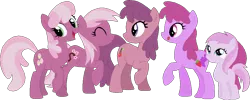 Size: 989x397 | Tagged: safe, artist:starryoak, derpibooru import, idw, berry punch, berryshine, cheerilee, cherry blossom (idw), cherry punch, piña colada, earth pony, pony, background pony, family, female, filly, headcanon, mare, pink, piña cutelada, raised hoof, siblings, simple background, sisters, transparent background
