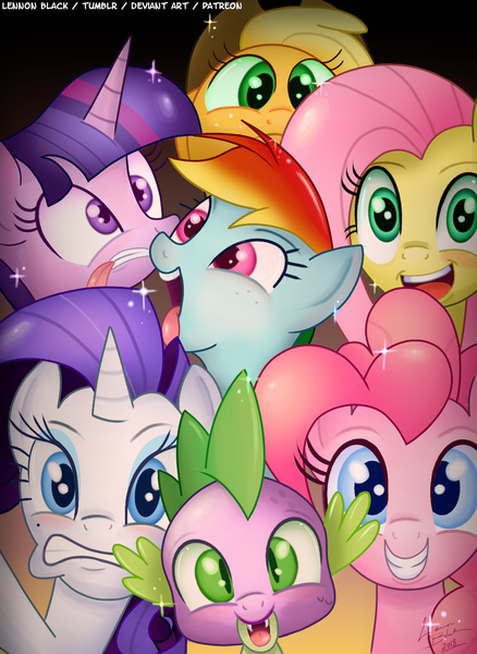 Size: 950x1300 | Tagged: safe, artist:lennonblack, derpibooru import, applejack, fluttershy, pinkie pie, rainbow dash, rarity, spike, twilight sparkle, dragon, earth pony, pegasus, pony, unicorn, applejack's hat, baby, baby dragon, blushing, cowboy hat, cute, dashabetes, diapinkes, fangs, female, funny faces, hat, horn, jackabetes, male, mane seven, mane six, mare, raribetes, scales, shyabetes, signature, silly, silly face, silly pony, smiling, sparkles, spikabetes, stetson, tongue out, twiabetes, wings