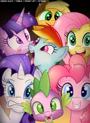 Size: 950x1300 | Tagged: safe, artist:lennonblack, derpibooru import, applejack, fluttershy, pinkie pie, rainbow dash, rarity, spike, twilight sparkle, dragon, earth pony, pegasus, pony, unicorn, applejack's hat, baby, baby dragon, blushing, cowboy hat, cute, dashabetes, diapinkes, fangs, female, funny faces, hat, horn, jackabetes, male, mane seven, mane six, mare, raribetes, scales, shyabetes, signature, silly, silly face, silly pony, smiling, sparkles, spikabetes, stetson, tongue out, twiabetes, wings