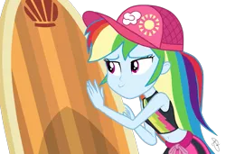 Size: 1003x686 | Tagged: safe, artist:ilaria122, derpibooru import, gladys, rainbow dash, blue crushed, equestria girls, equestria girls series, belly button, clothes, hat, he doesn't deserve you, midriff, multicolored hair, simple background, solo, surfboard, swimsuit, transparent background