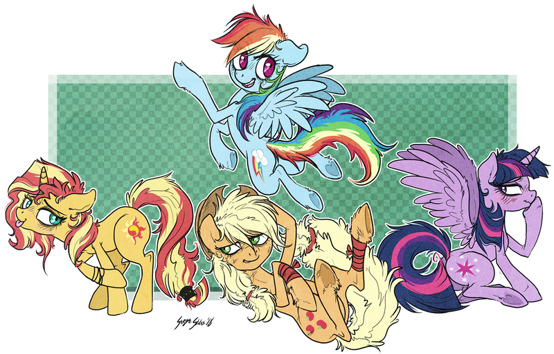 Size: 1600x1022 | Tagged: safe, artist:serge-stiles, derpibooru import, applejack, rainbow dash, sunset shimmer, twilight sparkle, twilight sparkle (alicorn), alicorn, blushing, tongue out