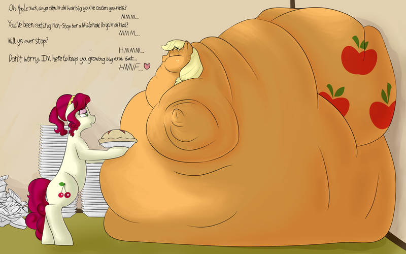 Size: 4000x2500 | Tagged: questionable, artist:lupin quill, derpibooru import, applejack, cherry jubilee, pony, series:desire (weight gain), amplejack, applefat, bedroom eyes, belly, belly bed, big belly, bingo wings, blob, butt, cherryjack, chubby cheeks, dialogue, double chin, eyes closed, fat, feedee, feeder, female, food, heart, huge belly, huge butt, immobile, impossibly large belly, impossibly large butt, impossibly obese, large butt, lesbian, missing accessory, morbidly obese, multichin, obese, pie, pie tin, rolls of fat, shipping, squish, stretched cutie mark, trash, triple chin, underhoof, weight gain, weight gain sequence