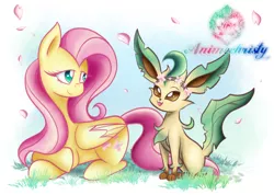 Size: 1024x731 | Tagged: safe, artist:animechristy, derpibooru import, fluttershy, leafeon, pony, crossover, female, floral head wreath, flower, looking at each other, mare, pokémon, prone