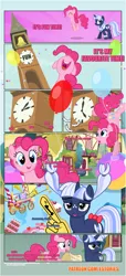 Size: 1919x4225 | Tagged: safe, artist:estories, derpibooru import, pinkie pie, oc, oc:silverlay, earth pony, pony, unicorn, comic:a(pple)ffection, balloon, bow, cake, clock tower, comic, confetti, female, foam finger, food, mare, tail bow, welcome wagon