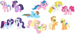 Size: 5584x2600 | Tagged: safe, artist:scythethedoublade, derpibooru import, applejack, applejack (g1), firefly, fluttershy, pinkie pie, posey, rainbow dash, rarity, sparkler (g1), surprise, twilight sparkle, twilight sparkle (alicorn), alicorn, pony, bow, g1, g1 six, g1 to g4, generation leap, generational ponidox, high res, mane six, simple background, tail bow, white background