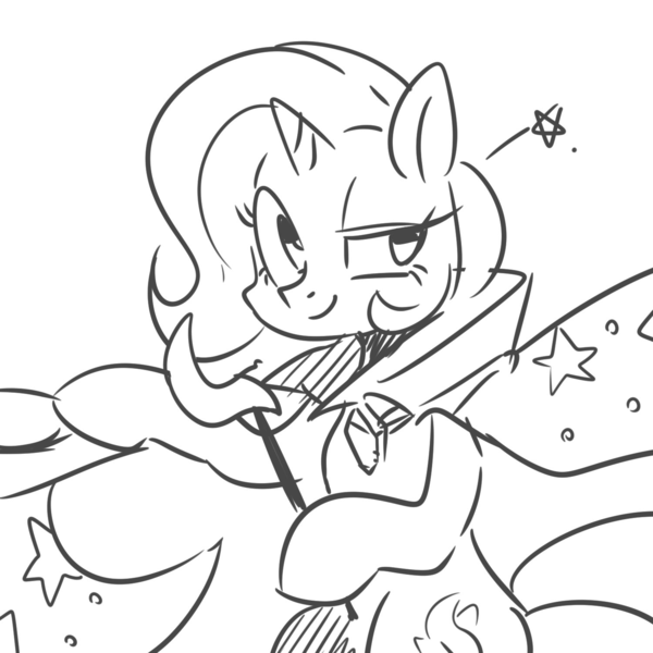 Size: 1500x1500 | Tagged: safe, artist:renokim, derpibooru import, trixie, pony, unicorn, cape, clothes, female, hat, looking at you, monochrome, solo, trixie's cape, trixie's hat