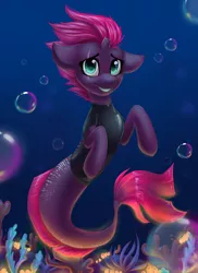 Size: 1024x1408 | Tagged: artist:freckleplant, broken horn, commission, dead source, derpibooru import, eye scar, female, fizzlepop berrytwist, grin, horn, looking at you, mermaid, mermaidized, merpony, my little pony: the movie, safe, scar, seaponified, seapony (g4), seapony tempest shadow, smiling, solo, species swap, tempest shadow, underwater, ych result