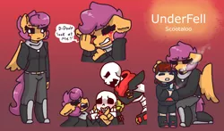 Size: 2484x1456 | Tagged: anthro, artist:synnibear03, comic:ponytale, derpibooru import, frisk, oc, oc:ponytale scootaloo, papyrus (undertale), sans (undertale), scootaloo, semi-grimdark, underfell, underfell scootaloo, undertale