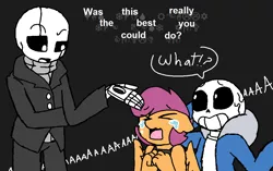 Size: 1137x716 | Tagged: anthro, artist:synnibear03, comic:ponytale, derpibooru import, oc, oc:ponytale scootaloo, safe, sans (undertale), scootaloo, undertale, w.d. gaster