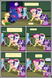 Size: 3254x4837 | Tagged: safe, artist:gutovi, derpibooru import, applejack, fluttershy, pinkie pie, princess luna, rainbow dash, rarity, twilight sparkle, twilight sparkle (alicorn), alicorn, earth pony, pegasus, pony, unicorn, comic:why me!?, bed, broken window, comic, couch, cushion, mane six, mare in the moon, moon, window