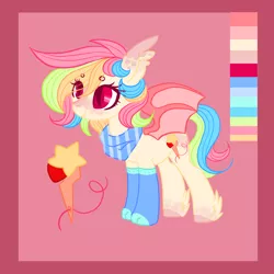 Size: 3000x3000 | Tagged: safe, artist:shiroganeko, derpibooru import, oc, bat pony, pony, adoptable, bandana, bat ears, bat pony oc, bat wings, blaze (coat marking), clothes, color palette, colored eyelashes, colored hooves, cute, cutie mark, dappled, eyebrows, feathered hooves, freckles, looking forward, multicolored hair, neckerchief, pink background, simple background, slit pupils, socks, solo, spread wings, standing, wings