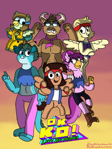 Size: 960x1280 | Tagged: safe, artist:dulcechica19, derpibooru import, ponified, dragon, gryphon, minotaur, pegasus, pony, carol (ok k.o.!), dendy, enid, k.o. (ok k.o.!), mr. gar, ok k.o.! lets be heroes, radicles