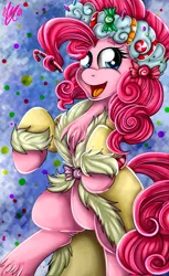 Size: 1024x1676 | Tagged: safe, artist:ebonyinkstone, derpibooru import, pinkie pie, spirit of hearth's warming presents, earth pony, pony, a hearth's warming tail, abstract background, chest fluff, clothes, female, mare, open mouth, ponk, prehensile mane, rearing, robe, solo, unshorn fetlocks