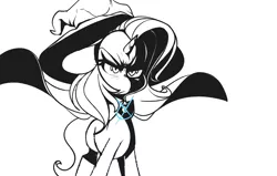 Size: 2242x1425 | Tagged: safe, artist:sourspot, derpibooru import, trixie, unicorn, black and white, cape, clothes, female, grayscale, hat, mare, monochrome, partial color, solo, trixie's cape, trixie's hat