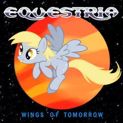 Size: 1200x1200 | Tagged: safe, artist:grapefruitface1, derpibooru import, derpy hooves, ponified, pony, album cover, europe (band), flying, parody, planet, ponified album cover, smiling, solo