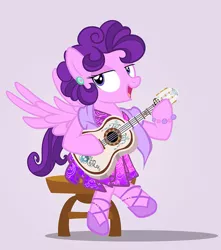 Size: 883x1000 | Tagged: safe, artist:pixelkitties, derpibooru import, oc, ponified, pegasus, pony, amy keating rogers, clothes, coco (disney movie), female, gray background, looking at you, mare, musical instrument, parody, ponysona, simple background, solo, stool, ukulele
