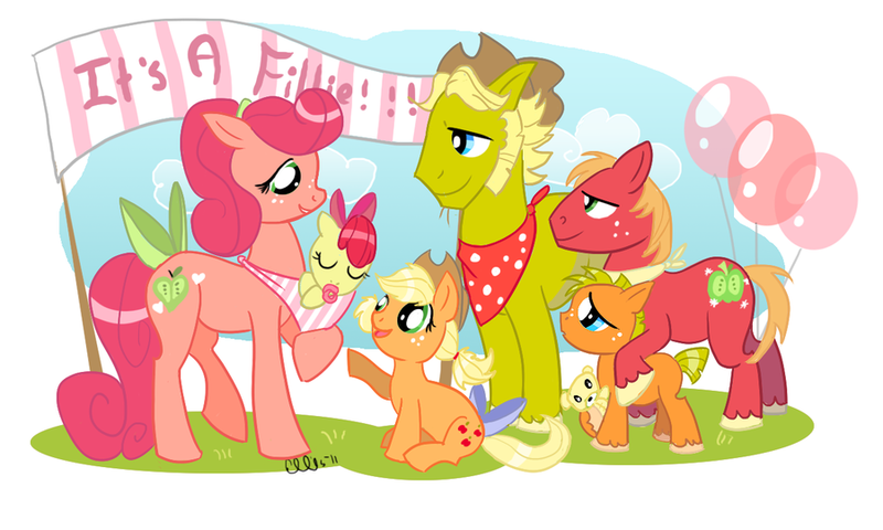 Size: 900x540 | Tagged: safe, artist:ellisarts, derpibooru import, apple bloom, applejack, big macintosh, oc, earth pony, pony, applejack's parents, baby, balloon, bow, male, stallion, tail bow, younger