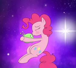 Size: 3345x3000 | Tagged: safe, artist:feralroku, derpibooru import, pinkie pie, pony, blushing, crossover, cute, eyes closed, final space, hug, kissing, mooncake (final space), shipping, smiling