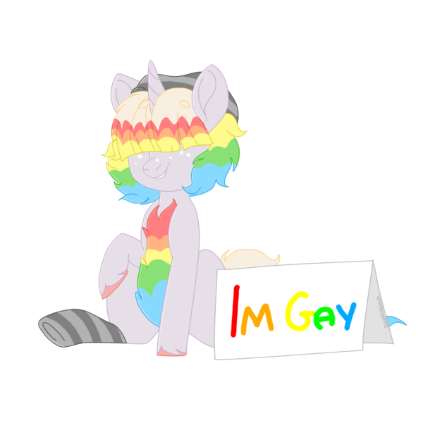 Size: 1000x1000 | Tagged: safe, artist:sleepysuika, derpibooru import, oc, unofficial characters only, pony, unicorn, clothes, cute, gay pride, i'm gay, male, pride, sign, simple background, sitting, socks, solo, striped socks, transparent background