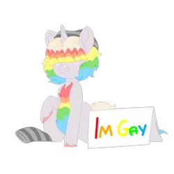 Size: 1000x1000 | Tagged: safe, artist:sleepysuika, derpibooru import, oc, unofficial characters only, pony, unicorn, clothes, cute, gay pride, i'm gay, male, pride, sign, simple background, sitting, socks, solo, striped socks, transparent background