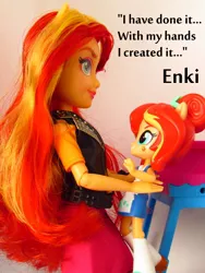 Size: 810x1080 | Tagged: safe, artist:whatthehell!?, derpibooru import, sunset shimmer, fish, equestria girls, birth, clone, clothes, creation, doll, duality, enki, equestria girls minis, eqventures of the minis, female, hair, irl, jacket, japanese, mother and child, mother and daughter, mythology, origins, photo, replication, self paradox, shoes, skirt, sumerian, sunset sushi, toy, truck