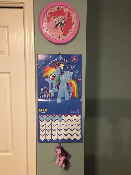 Size: 3024x4032 | Tagged: 2018, alicorn, calendar, clock, derpibooru import, irl, march, photo, pinkie pie, plushie, rainbow dash, safe, twilight sparkle, twilight sparkle (alicorn), ty