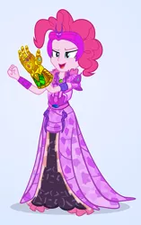 Size: 629x1000 | Tagged: safe, artist:pixelkitties, derpibooru import, pinkie pie, equestria girls, and that's how equestria was unmade, avengers: infinity war, beautiful, clothes, element of generosity, element of honesty, element of kindness, element of laughter, element of loyalty, element of magic, elements of harmony, equestria is doomed, evil grin, female, gauntlet, gradient background, grin, happy, harmony gauntlet, infinity gauntlet, infinity gems, marvel, marvel cinematic universe, marvel comics, parody, simple background, skirt, smiling, solo, thanos, we are doomed, xk-class end-of-the-universe scenario, xk-class end-of-the-world scenario