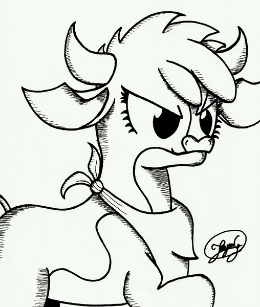 Size: 1673x1976 | Tagged: arizona cow, artist:up-world, bandana, black and white, community related, cow, crosshatch, derpibooru import, grayscale, handkerchief, horns, monochrome, safe, simple background, solo, them's fightin' herds, traditional art, white background