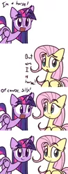 Size: 2000x5120 | Tagged: safe, artist:lilboulder, derpibooru import, fluttershy, twilight sparkle, twilight sparkle (alicorn), alicorn, horse, pegasus, pony, :<, :d, c:, captain obvious, comic, cute, dialogue, duo, eye contact, female, folded wings, frown, implied changeling, looking at each other, looking at you, mare, open mouth, raised hoof, shyabetes, simple background, smiling, twiabetes, white background, wings