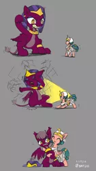 Size: 1080x1920 | Tagged: safe, artist:satv12, derpibooru import, somnambula, sphinx (character), pegasus, pony, sphinx, blushing, clothes, comic, dialogue, female, hape, hug, macro, mare, quadrupedal, shrinking, simple background, size difference, wings