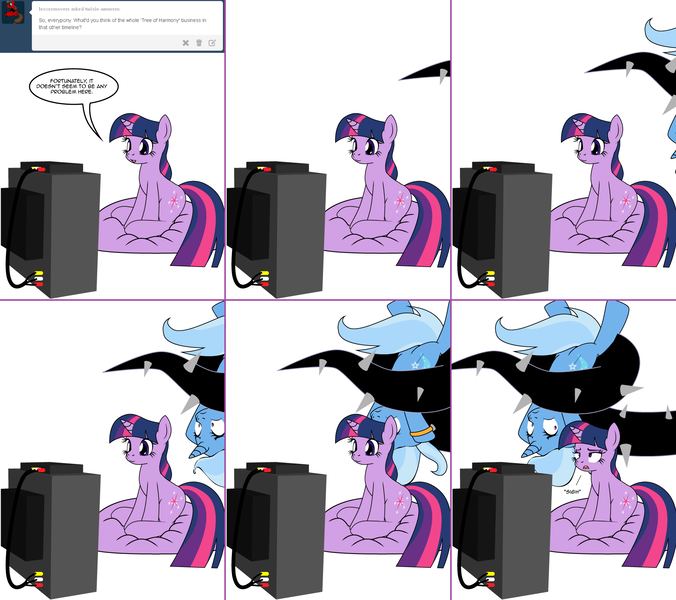 Size: 1808x1604 | Tagged: safe, artist:dekomaru, derpibooru import, trixie, twilight sparkle, pony, unicorn, tumblr:ask twixie, princess twilight sparkle (episode), ask, black vine, comic, female, lesbian, shipping, sitting, television, tumblr, twixie