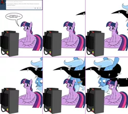 Size: 1808x1604 | Tagged: safe, artist:dekomaru, derpibooru import, trixie, twilight sparkle, pony, unicorn, tumblr:ask twixie, princess twilight sparkle (episode), ask, black vine, comic, female, lesbian, shipping, sitting, television, tumblr, twixie