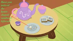 Size: 940x528 | Tagged: coffee table, crumbles, cup, derpibooru import, discordant harmony, fluttershy's cottage, heart, leftovers, lovely, safe, sandwich crust, sugar bowl, teacup, teapot, wooden floor