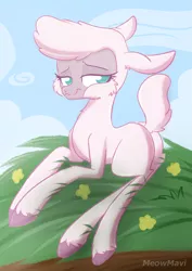 Size: 2893x4092 | Tagged: artist:meowmavi, cloud, cloven hooves, community related, derpibooru import, female, flower, grass, lamb, lidded eyes, pom lamb, safe, sheep, sky, smiling, solo, them's fightin' herds