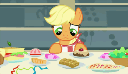 Size: 470x275 | Tagged: safe, derpibooru import, screencap, applejack, pony, a bird in the hoof, animated, eating, food, hatless, hors d'oeuvre, indecision, loop, missing accessory, sandvich, silly, silly pony, solo, who's a silly pony