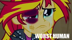 Size: 1280x720 | Tagged: semi-grimdark, derpibooru import, edit, edited screencap, screencap, sunset shimmer, equestria girls, equestria girls (movie), abuse, abuse edit, black eye, blatant lies, crying, downvote bait, drama bait, edgy, eqg abuse edits, female, sad, shimmerbuse, sunsad shimmer, worst human, worst pony