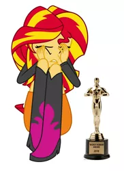Size: 1316x1804 | Tagged: safe, derpibooru import, sunset shimmer, equestria girls, abuse, downvote bait, op isn't even trying anymore, oscar, sad, shimmerbuse, solo, sunsad shimmer, worst human, worst pony
