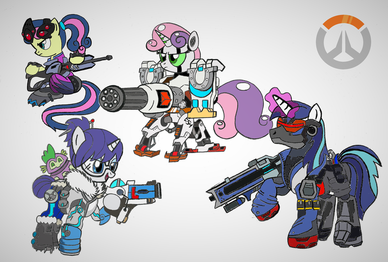 Size: 6184x4168 | Tagged: absurd resolution, armor, artist:brekrofmadness, bastion (overwatch), bon bon, crossover, derpibooru import, mei, mei (overwatch), overwatch, rarity, robot, safe, shining armor, soldier 76, spike, sweetie belle, sweetie bot, sweetie drops, weapon, widowmaker