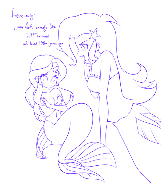 Size: 1194x1356 | Tagged: suggestive, artist:twilite-sparkleplz, derpibooru import, sunset shimmer, trixie, mermaid, sunset's fantastic fishing, equestria girls, belly button, breasts, clothes, covering, dialogue, mermaidized, monochrome, partial nudity, simple background, sketch, smiling, species swap, topless, white background