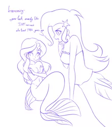 Size: 1194x1356 | Tagged: suggestive, artist:twilite-sparkleplz, derpibooru import, sunset shimmer, trixie, mermaid, sunset's fantastic fishing, equestria girls, belly button, breasts, clothes, covering, dialogue, mermaidized, monochrome, partial nudity, simple background, sketch, smiling, species swap, topless, white background