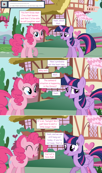 Size: 1280x2168 | Tagged: safe, artist:hakunohamikage, derpibooru import, pinkie pie, twilight sparkle, twilight sparkle (alicorn), alicorn, pony, ask-princesssparkle, ask, happy, tumblr