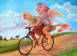 Size: 3498x2556 | Tagged: safe, artist:audrarius, derpibooru import, applejack, fluttershy, anthro, earth pony, pegasus, unguligrade anthro, accessory swap, applejack's hat, appleshy, barehoof, bicycle, clothes, cowboy hat, cute, female, hat, jackabetes, lesbian, mare, open mouth, outdoors, ride, road, shipping, shyabetes, skirt, smiling, stetson, windswept hair