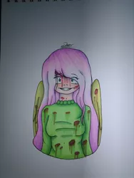 Size: 540x720 | Tagged: artist:denisem0ch, bust, clothes, creepy, creepy smile, derpibooru import, eye clipping through hair, fanfic art, fanfic:fluttershy's lullaby, fluttershy, human, humanized, looking at you, semi-grimdark, smiling, solo, sweater, sweatershy, winged humanization, wings